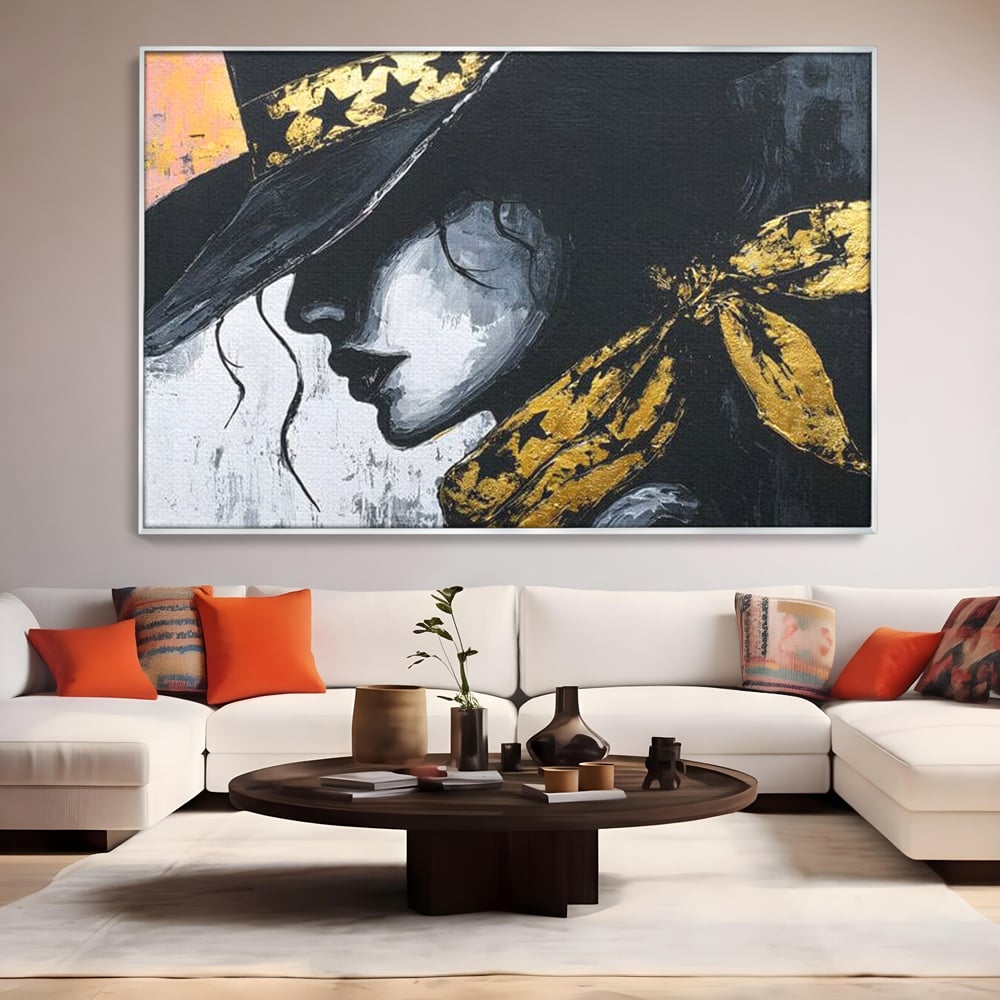 Tablou Canvas Premium, LuxCanva® G1194, Femeia cu Palarie Stelara, Auriu, Negru, Enigma, Stele, Glamour, Western, Esarfa, Abis, Ecou, Nocturna, Frumusete, Birou, Living, Dormitor
