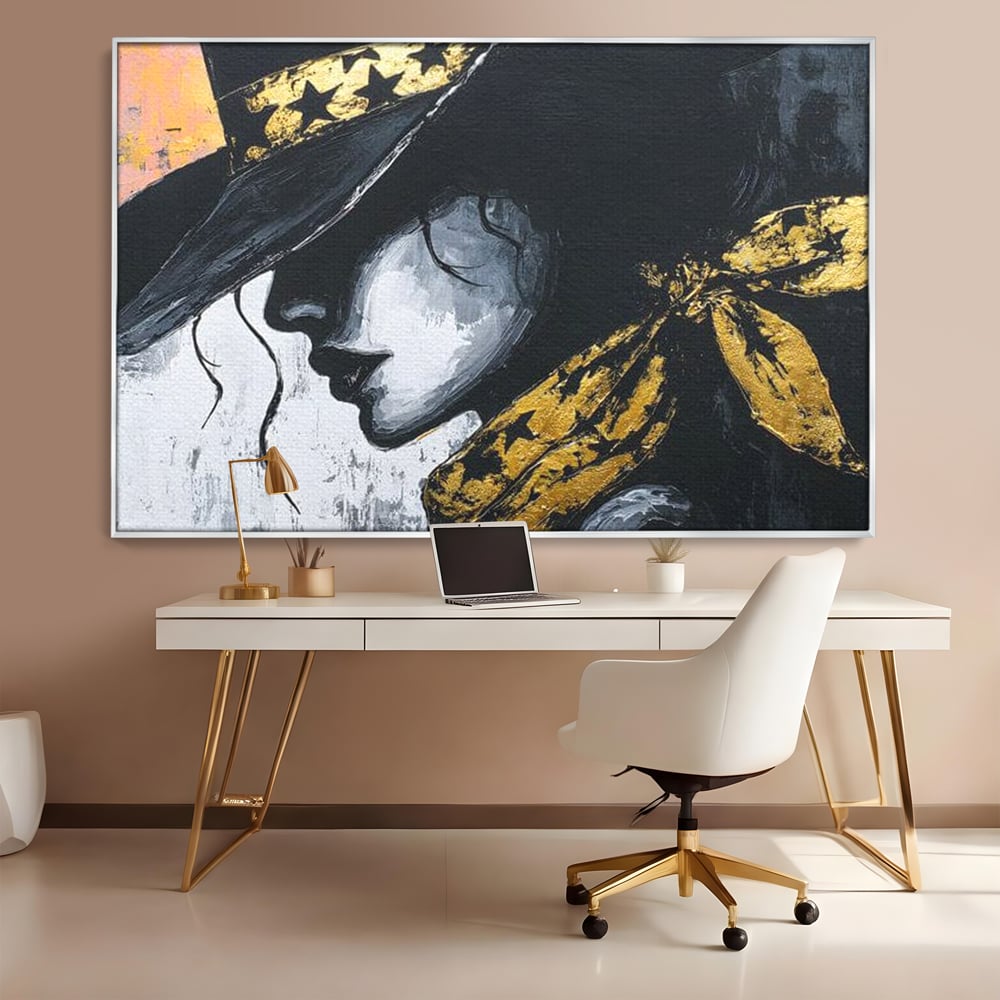 Tablou Canvas Premium, LuxCanva® G1194, Femeia cu Palarie Stelara, Auriu, Negru, Enigma, Stele, Glamour, Western, Esarfa, Abis, Ecou, Nocturna, Frumusete, Birou, Living, Dormitor