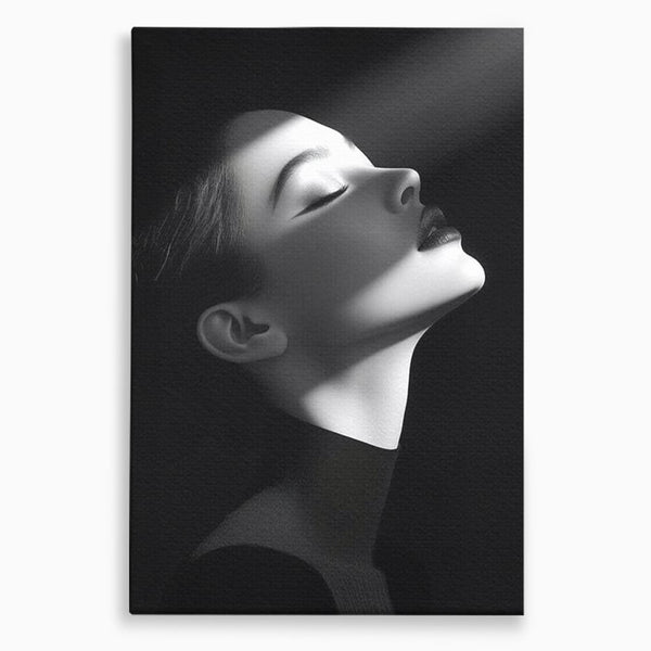 Tablou Canvas Premium, LuxCanva® G1195, Lumina Divina, Respiratie, Raza, Tacere, Femeie, Contemplare, Alb, Negru, Atemporal, Gratie, Light, Dorinta, Divin, Birou, Living, Dormitor