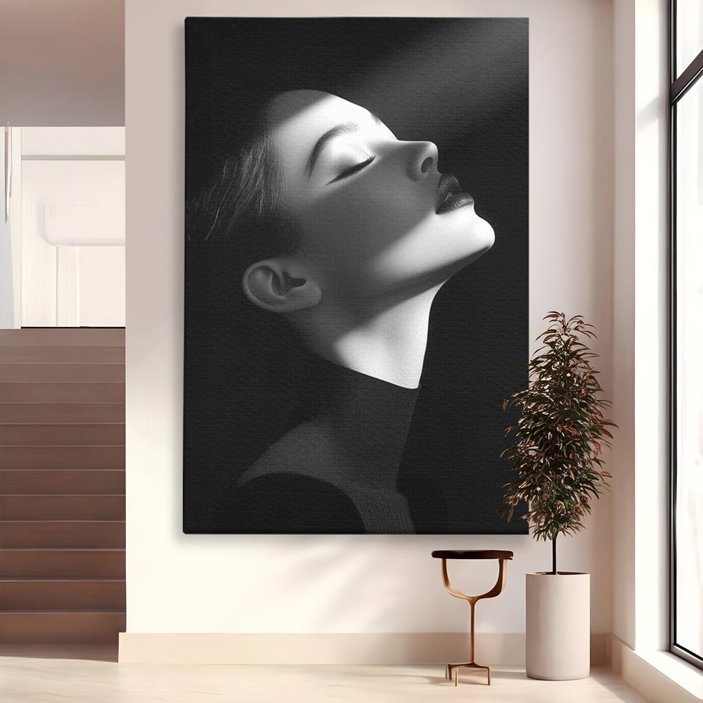 Tablou Canvas Premium, LuxCanva® G1195, Lumina Divina, Respiratie, Raza, Tacere, Femeie, Contemplare, Alb, Negru, Atemporal, Gratie, Light, Dorinta, Divin, Birou, Living, Dormitor