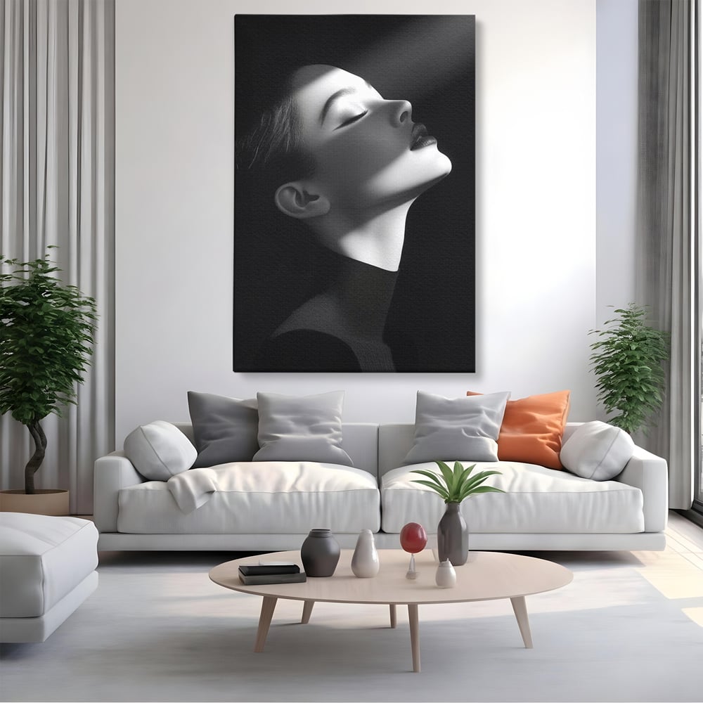 Tablou Canvas Premium, LuxCanva® G1195, Lumina Divina, Respiratie, Raza, Tacere, Femeie, Contemplare, Alb, Negru, Atemporal, Gratie, Light, Dorinta, Divin, Birou, Living, Dormitor
