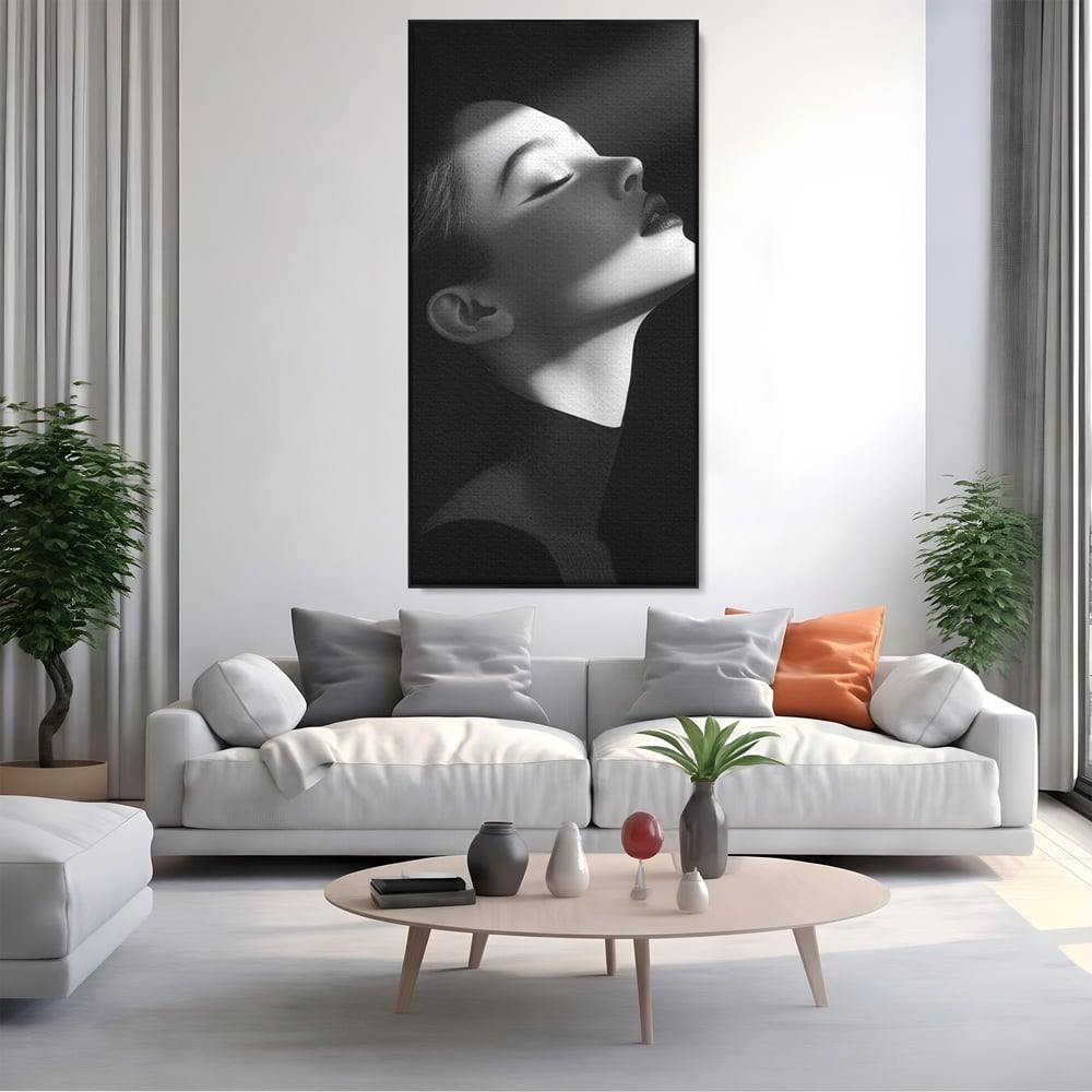 Tablou Canvas Premium, LuxCanva® G1195, Lumina Divina, Respiratie, Raza, Tacere, Femeie, Contemplare, Alb, Negru, Atemporal, Gratie, Light, Dorinta, Divin, Birou, Living, Dormitor