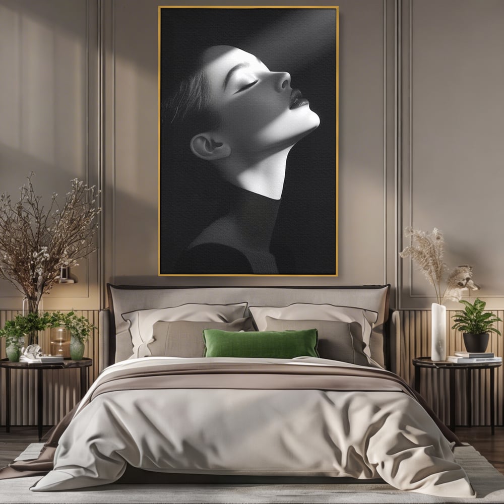 Tablou Canvas Premium, LuxCanva® G1195, Lumina Divina, Respiratie, Raza, Tacere, Femeie, Contemplare, Alb, Negru, Atemporal, Gratie, Light, Dorinta, Divin, Birou, Living, Dormitor