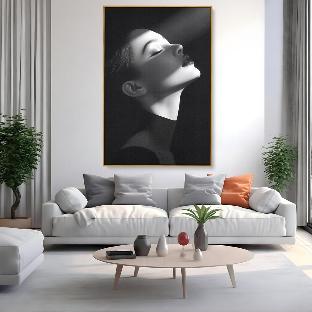Tablou Canvas Premium, LuxCanva® G1195, Lumina Divina, Respiratie, Raza, Tacere, Femeie, Contemplare, Alb, Negru, Atemporal, Gratie, Light, Dorinta, Divin, Birou, Living, Dormitor