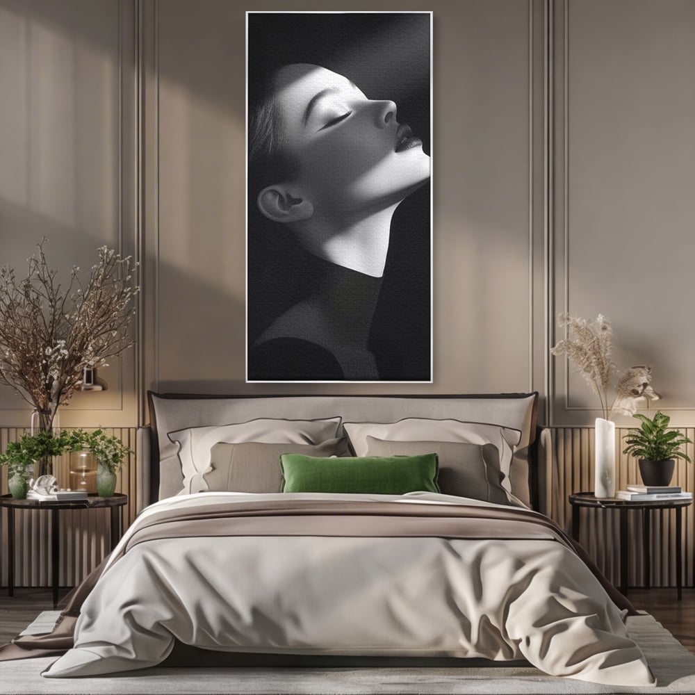 Tablou Canvas Premium, LuxCanva® G1195, Lumina Divina, Respiratie, Raza, Tacere, Femeie, Contemplare, Alb, Negru, Atemporal, Gratie, Light, Dorinta, Divin, Birou, Living, Dormitor