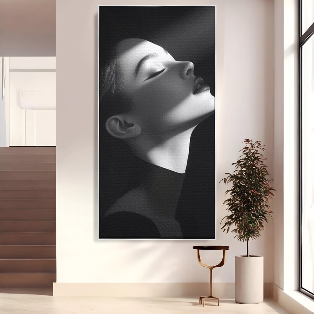 Tablou Canvas Premium, LuxCanva® G1195, Lumina Divina, Respiratie, Raza, Tacere, Femeie, Contemplare, Alb, Negru, Atemporal, Gratie, Light, Dorinta, Divin, Birou, Living, Dormitor
