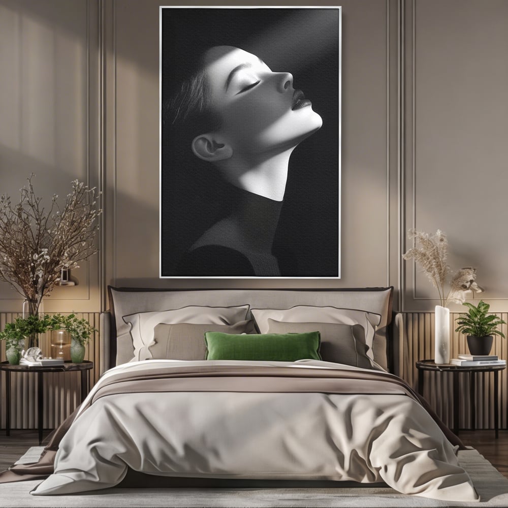 Tablou Canvas Premium, LuxCanva® G1195, Lumina Divina, Respiratie, Raza, Tacere, Femeie, Contemplare, Alb, Negru, Atemporal, Gratie, Light, Dorinta, Divin, Birou, Living, Dormitor