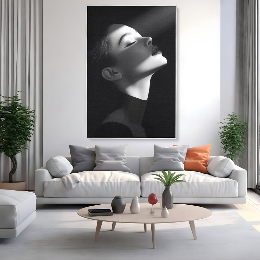 Tablou Canvas Premium, LuxCanva® G1195, Lumina Divina, Respiratie, Raza, Tacere, Femeie, Contemplare, Alb, Negru, Atemporal, Gratie, Light, Dorinta, Divin, Birou, Living, Dormitor