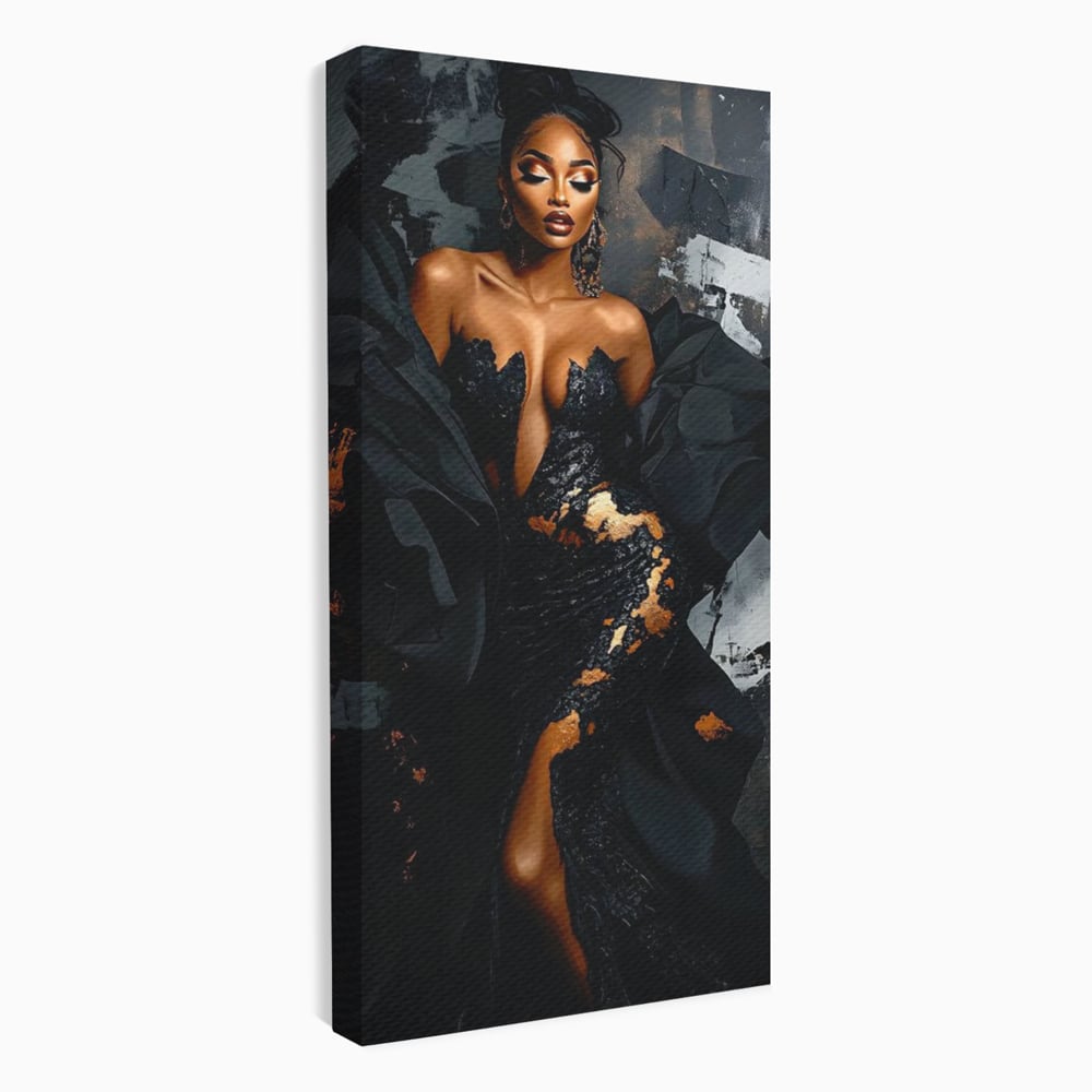 Tablou Canvas Premium, LuxCanva® G1196, Regina Couture, Eleganta, Flacara, Negru, Rochie, Noapte, Dans, Catifea, Incandescenta, Mitologie, Abis, Gratie, Vogue, Birou, Living, Dormitor
