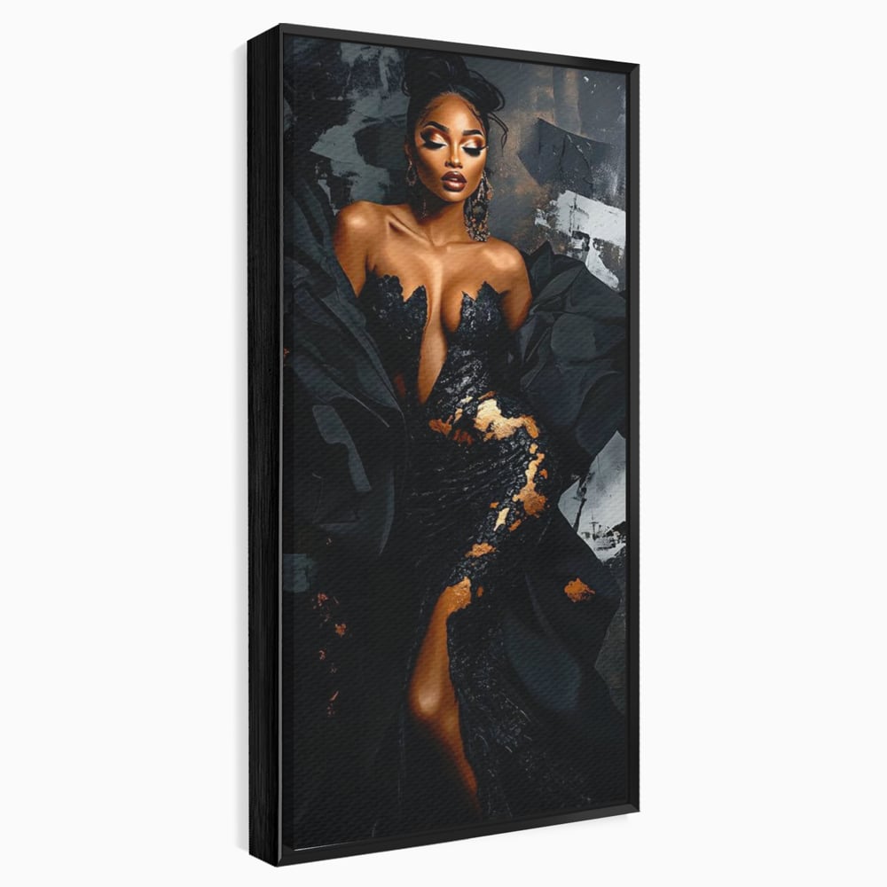 Tablou Canvas Premium, LuxCanva® G1196, Regina Couture, Eleganta, Flacara, Negru, Rochie, Noapte, Dans, Catifea, Incandescenta, Mitologie, Abis, Gratie, Vogue, Birou, Living, Dormitor