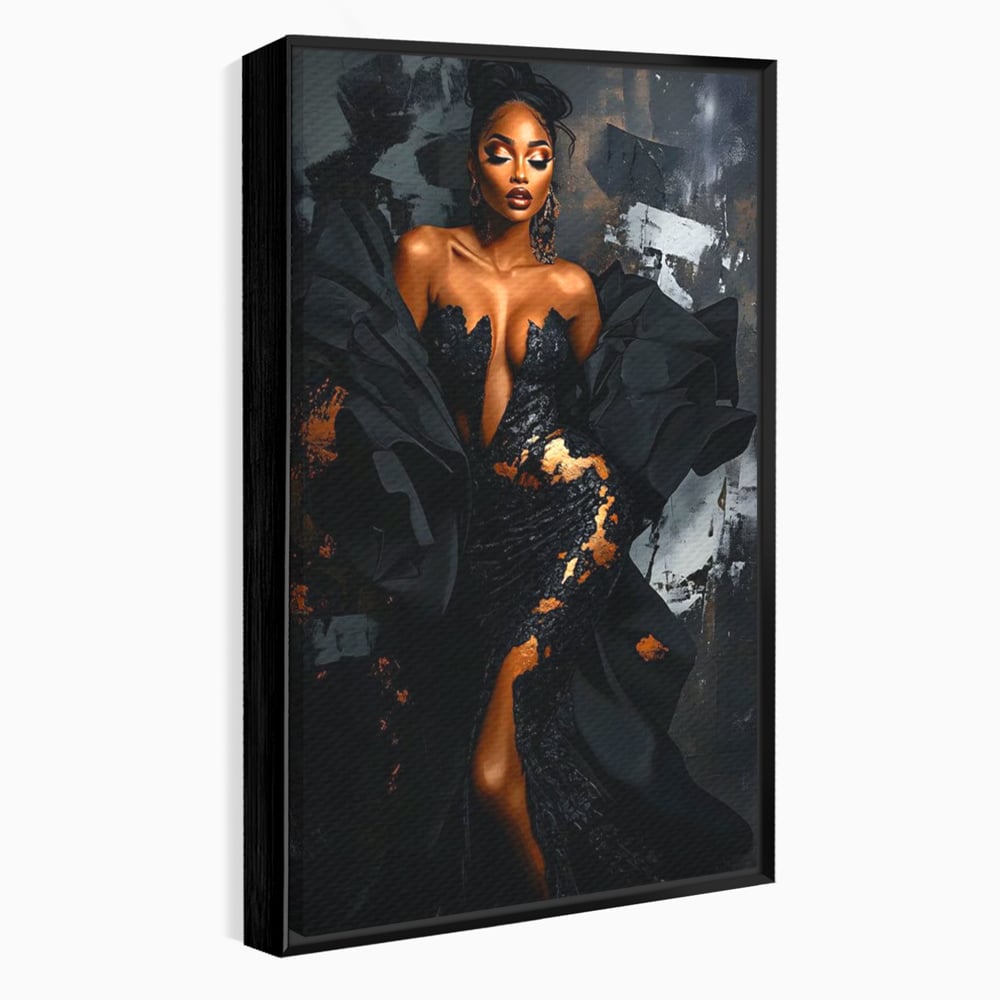Tablou Canvas Premium, LuxCanva® G1196, Regina Couture, Eleganta, Flacara, Negru, Rochie, Noapte, Dans, Catifea, Incandescenta, Mitologie, Abis, Gratie, Vogue, Birou, Living, Dormitor