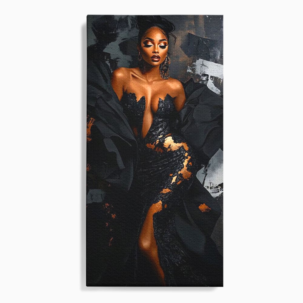 Tablou Canvas Premium, LuxCanva® G1196, Regina Couture, Eleganta, Flacara, Negru, Rochie, Noapte, Dans, Catifea, Incandescenta, Mitologie, Abis, Gratie, Vogue, Birou, Living, Dormitor