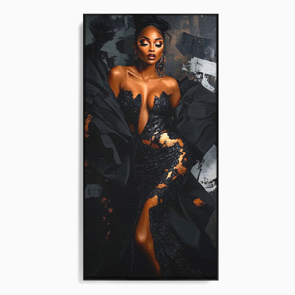 Tablou Canvas Premium, LuxCanva® G1196, Regina Couture, Eleganta, Flacara, Negru, Rochie, Noapte, Dans, Catifea, Incandescenta, Mitologie, Abis, Gratie, Vogue, Birou, Living, Dormitor