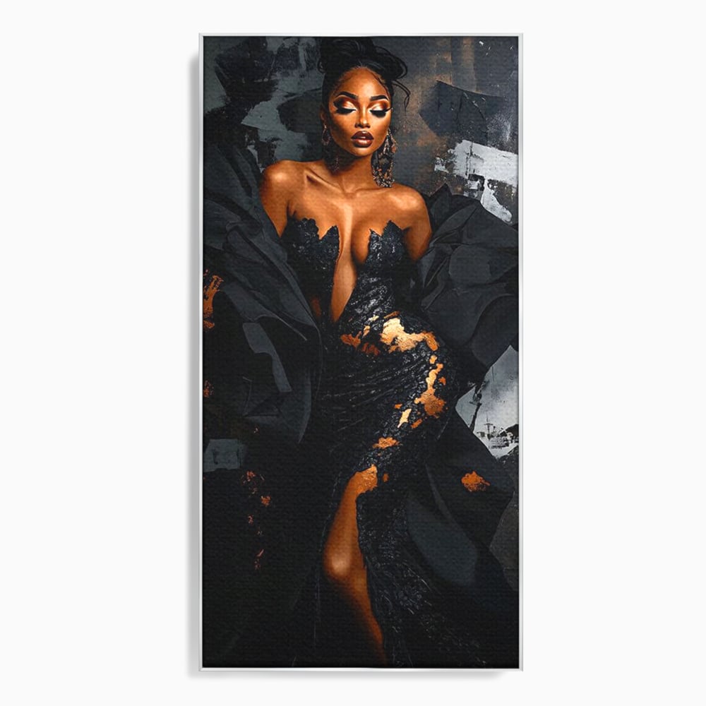 Tablou Canvas Premium, LuxCanva® G1196, Regina Couture, Eleganta, Flacara, Negru, Rochie, Noapte, Dans, Catifea, Incandescenta, Mitologie, Abis, Gratie, Vogue, Birou, Living, Dormitor