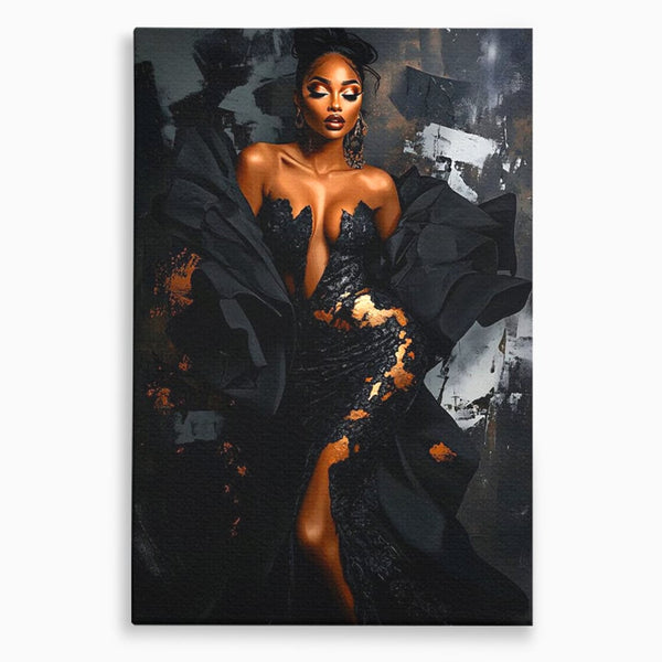 Tablou Canvas Premium, LuxCanva® G1196, Regina Couture, Eleganta, Flacara, Negru, Rochie, Noapte, Dans, Catifea, Incandescenta, Mitologie, Abis, Gratie, Vogue, Birou, Living, Dormitor