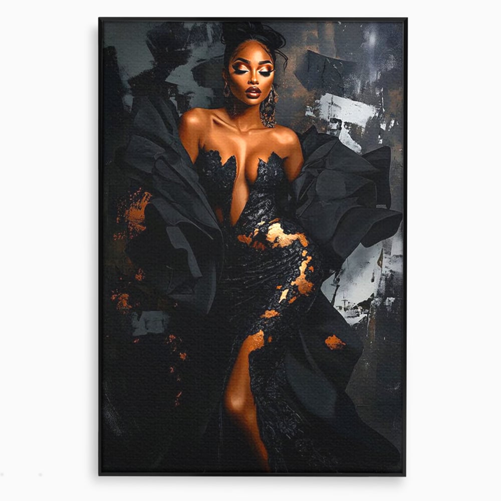 Tablou Canvas Premium, LuxCanva® G1196, Regina Couture, Eleganta, Flacara, Negru, Rochie, Noapte, Dans, Catifea, Incandescenta, Mitologie, Abis, Gratie, Vogue, Birou, Living, Dormitor