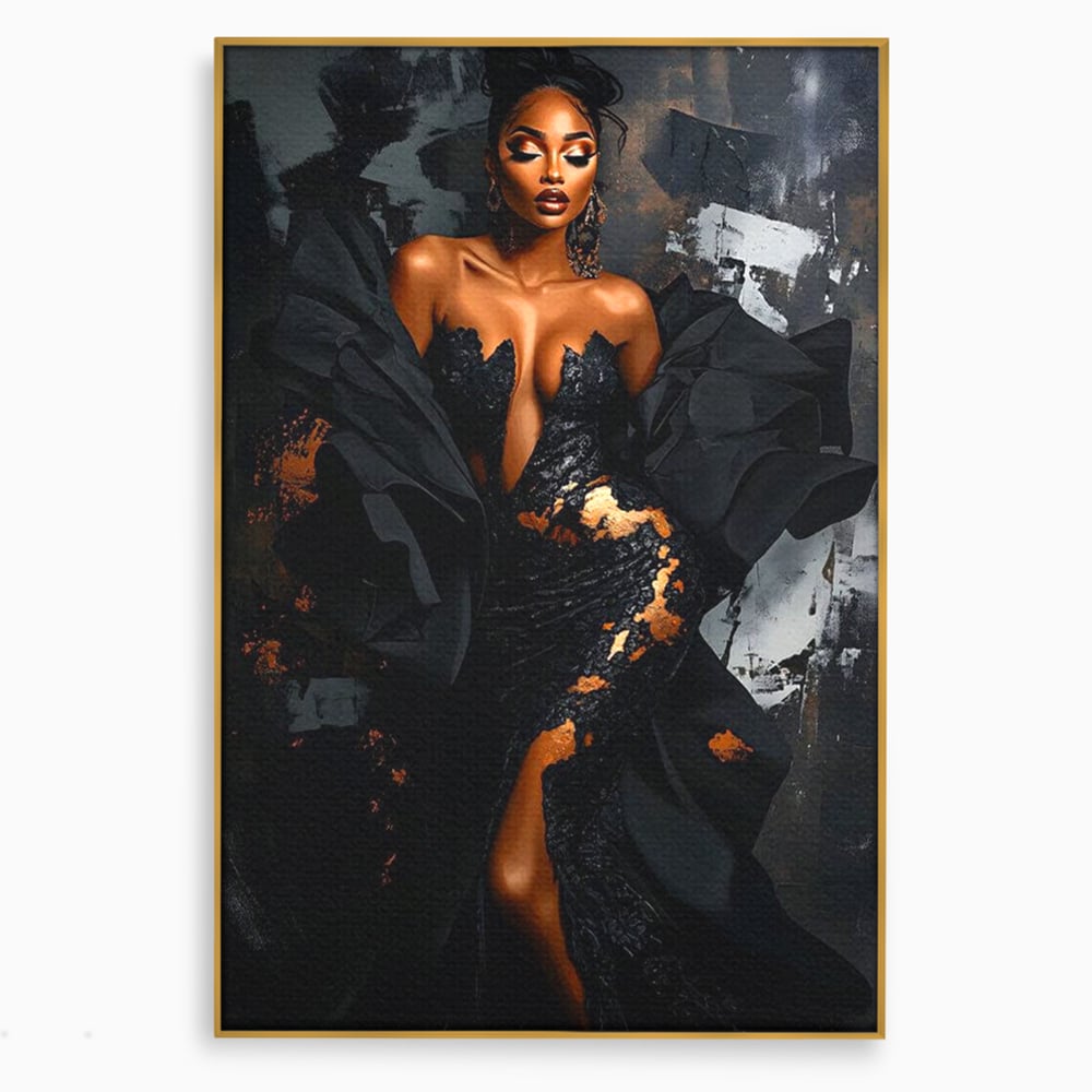 Tablou Canvas Premium, LuxCanva® G1196, Regina Couture, Eleganta, Flacara, Negru, Rochie, Noapte, Dans, Catifea, Incandescenta, Mitologie, Abis, Gratie, Vogue, Birou, Living, Dormitor