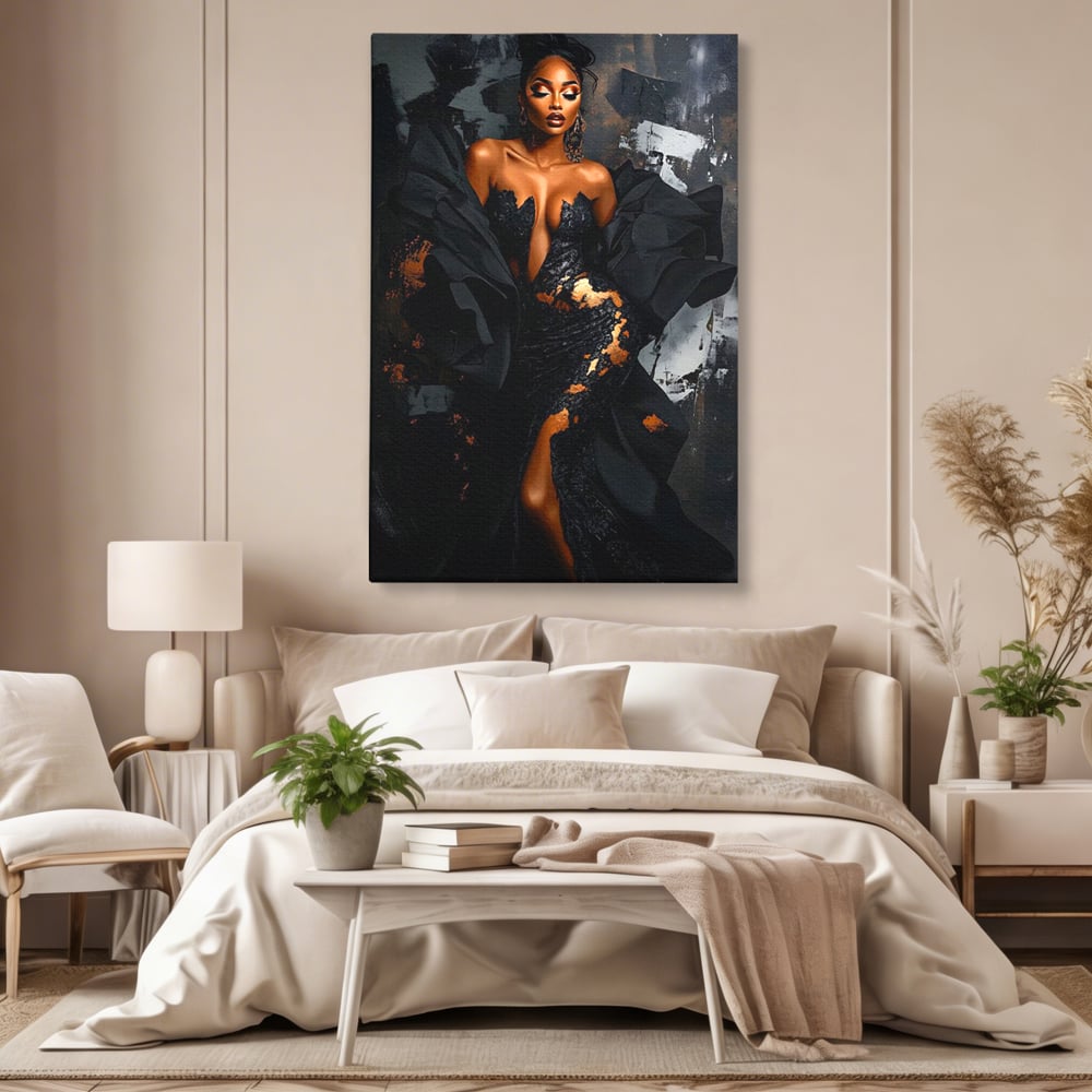 Tablou Canvas Premium, LuxCanva® G1196, Regina Couture, Eleganta, Flacara, Negru, Rochie, Noapte, Dans, Catifea, Incandescenta, Mitologie, Abis, Gratie, Vogue, Birou, Living, Dormitor