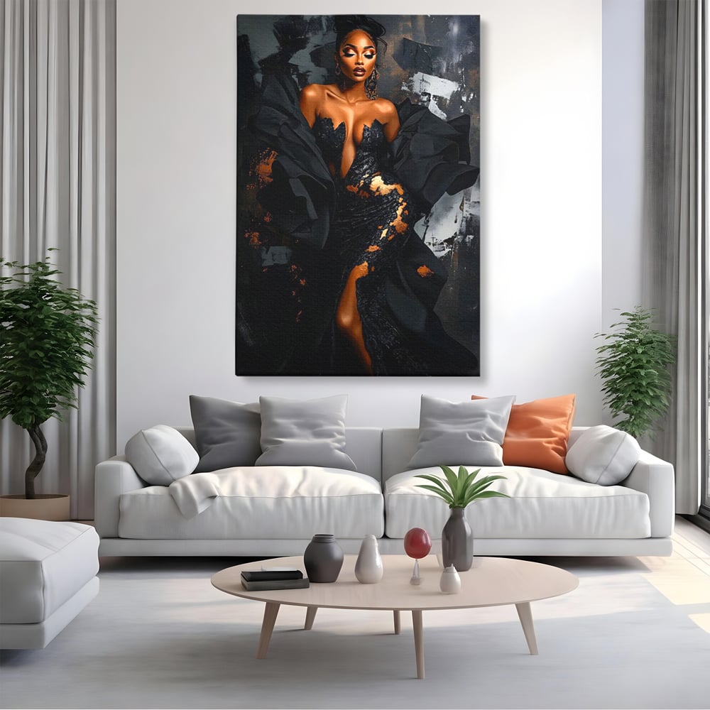 Tablou Canvas Premium, LuxCanva® G1196, Regina Couture, Eleganta, Flacara, Negru, Rochie, Noapte, Dans, Catifea, Incandescenta, Mitologie, Abis, Gratie, Vogue, Birou, Living, Dormitor