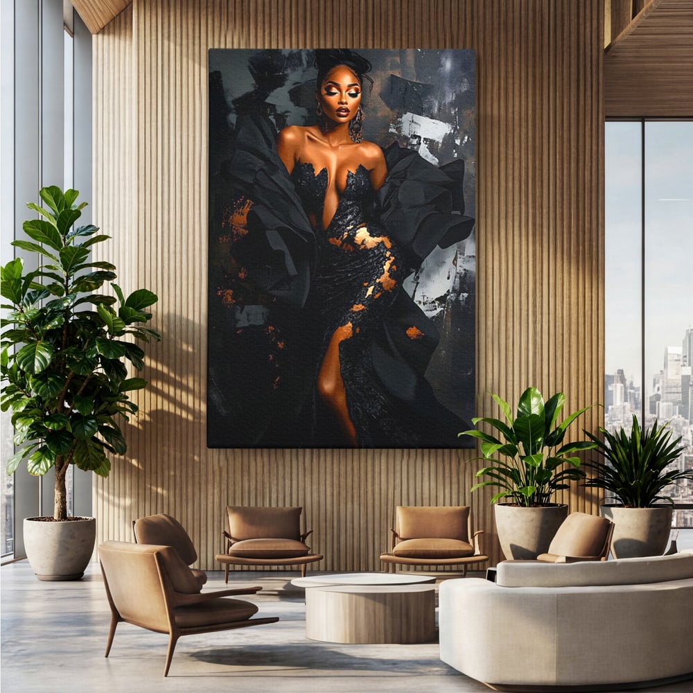 Tablou Canvas Premium, LuxCanva® G1196, Regina Couture, Eleganta, Flacara, Negru, Rochie, Noapte, Dans, Catifea, Incandescenta, Mitologie, Abis, Gratie, Vogue, Birou, Living, Dormitor