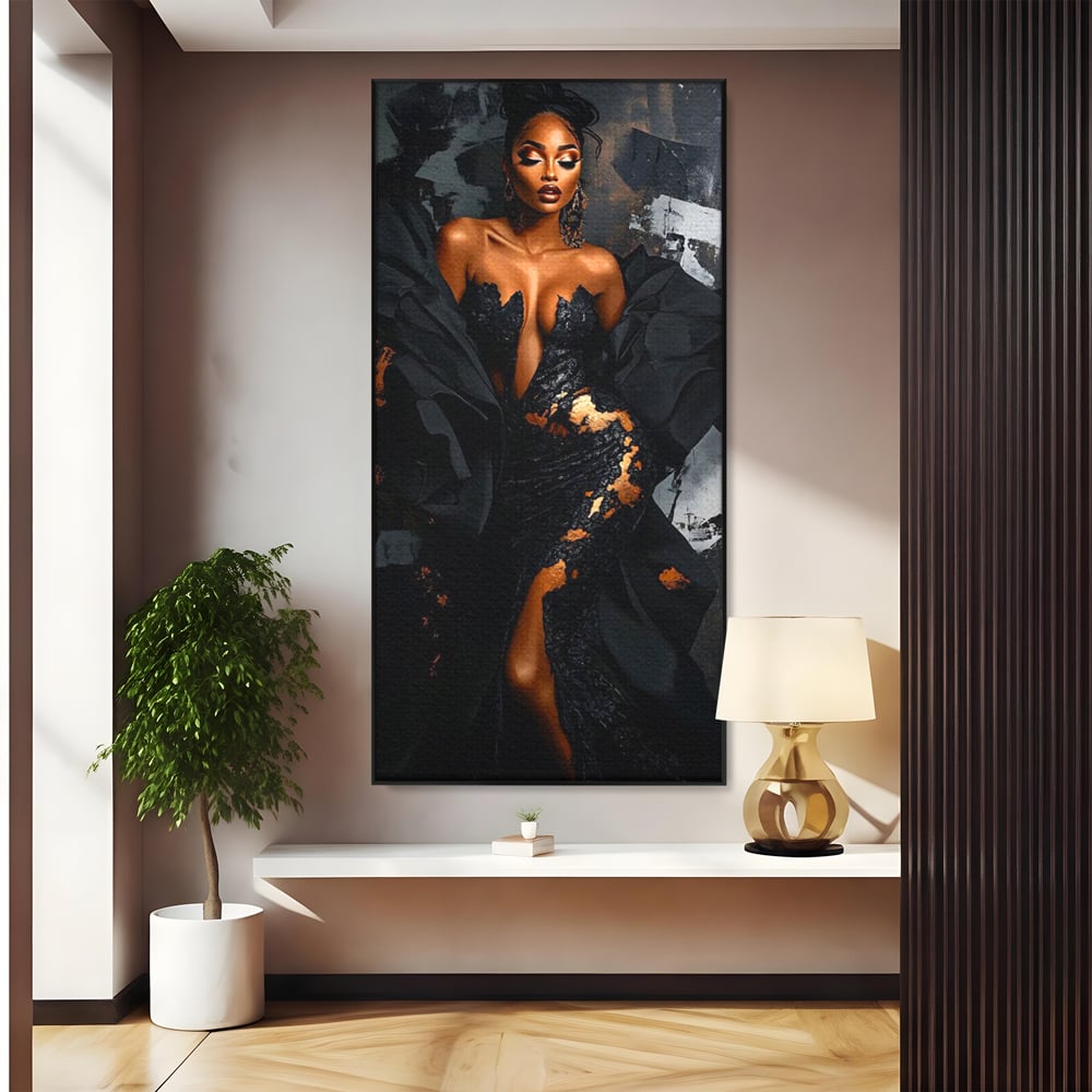 Tablou Canvas Premium, LuxCanva® G1196, Regina Couture, Eleganta, Flacara, Negru, Rochie, Noapte, Dans, Catifea, Incandescenta, Mitologie, Abis, Gratie, Vogue, Birou, Living, Dormitor