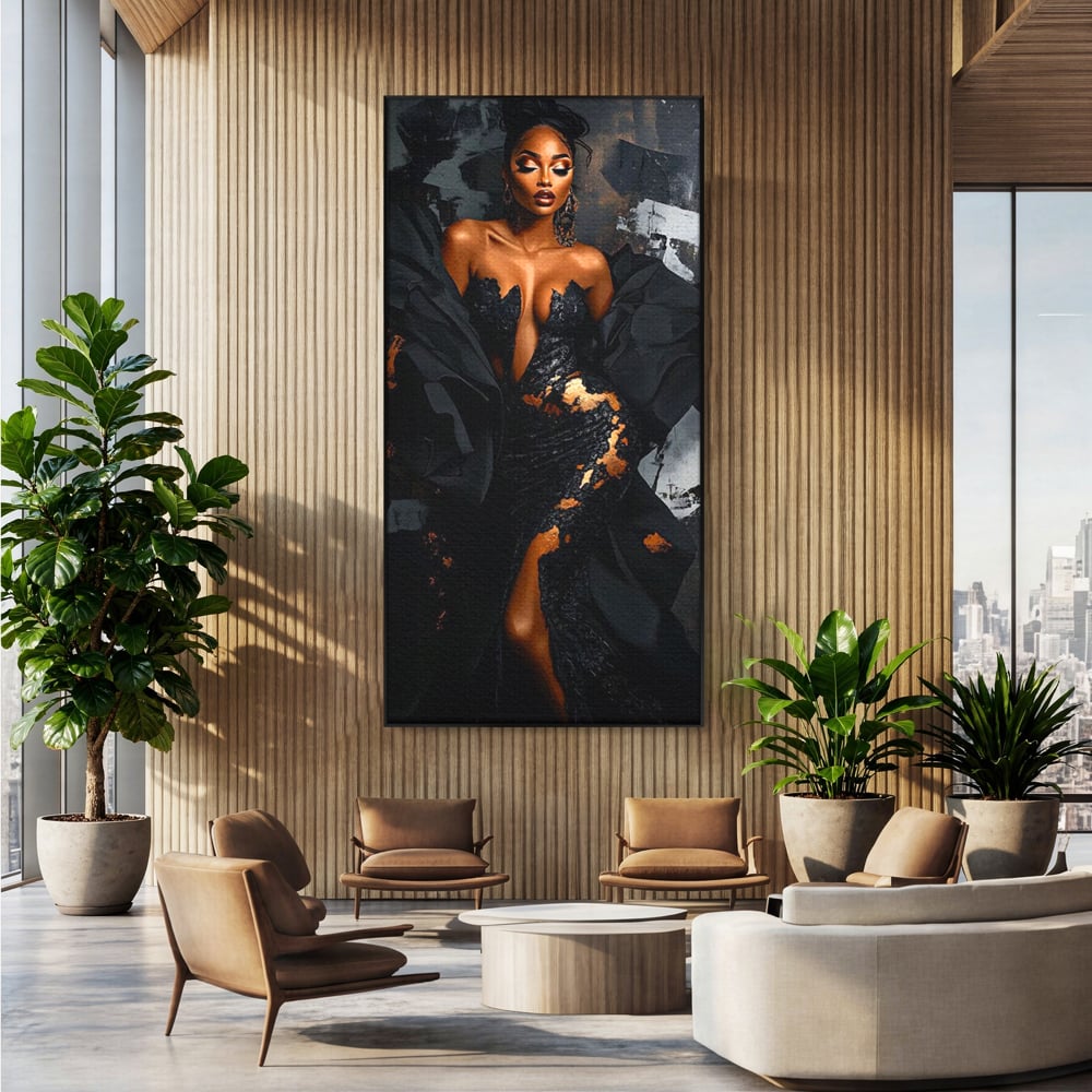 Tablou Canvas Premium, LuxCanva® G1196, Regina Couture, Eleganta, Flacara, Negru, Rochie, Noapte, Dans, Catifea, Incandescenta, Mitologie, Abis, Gratie, Vogue, Birou, Living, Dormitor