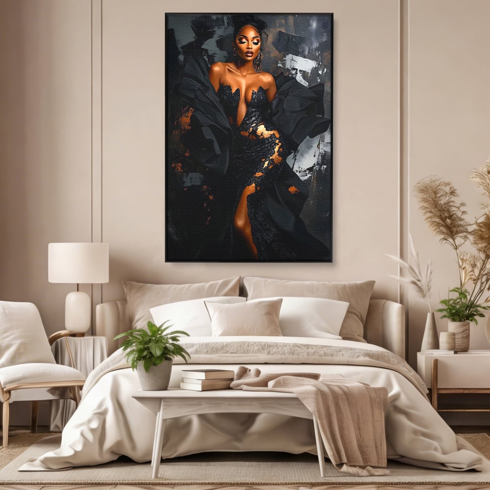Tablou Canvas Premium, LuxCanva® G1196, Regina Couture, Eleganta, Flacara, Negru, Rochie, Noapte, Dans, Catifea, Incandescenta, Mitologie, Abis, Gratie, Vogue, Birou, Living, Dormitor