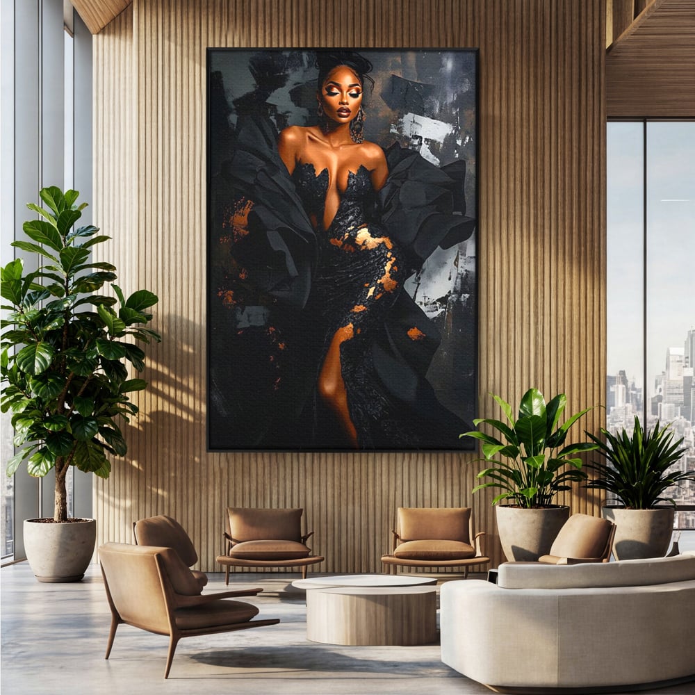 Tablou Canvas Premium, LuxCanva® G1196, Regina Couture, Eleganta, Flacara, Negru, Rochie, Noapte, Dans, Catifea, Incandescenta, Mitologie, Abis, Gratie, Vogue, Birou, Living, Dormitor