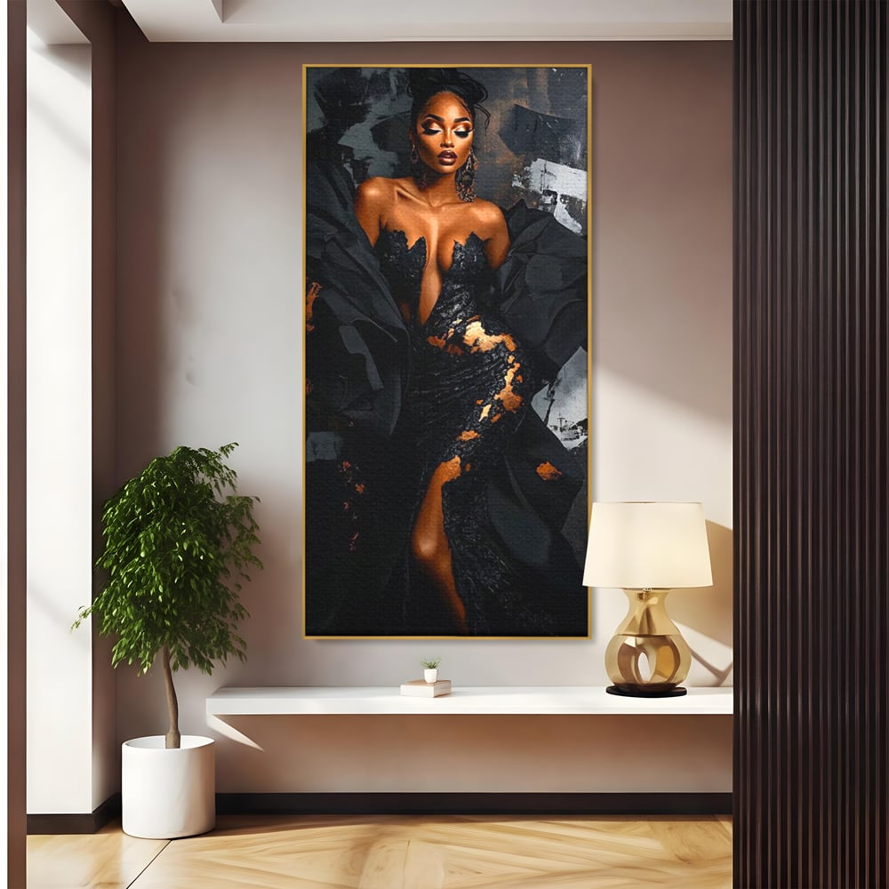 Tablou Canvas Premium, LuxCanva® G1196, Regina Couture, Eleganta, Flacara, Negru, Rochie, Noapte, Dans, Catifea, Incandescenta, Mitologie, Abis, Gratie, Vogue, Birou, Living, Dormitor