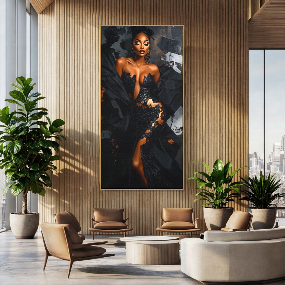 Tablou Canvas Premium, LuxCanva® G1196, Regina Couture, Eleganta, Flacara, Negru, Rochie, Noapte, Dans, Catifea, Incandescenta, Mitologie, Abis, Gratie, Vogue, Birou, Living, Dormitor