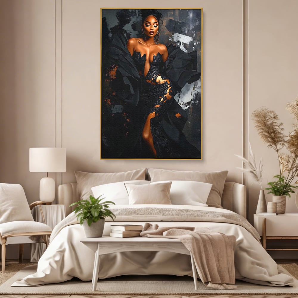 Tablou Canvas Premium, LuxCanva® G1196, Regina Couture, Eleganta, Flacara, Negru, Rochie, Noapte, Dans, Catifea, Incandescenta, Mitologie, Abis, Gratie, Vogue, Birou, Living, Dormitor