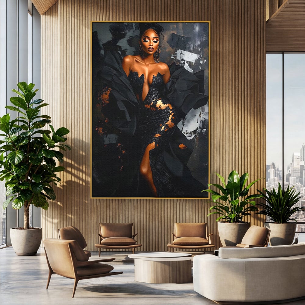Tablou Canvas Premium, LuxCanva® G1196, Regina Couture, Eleganta, Flacara, Negru, Rochie, Noapte, Dans, Catifea, Incandescenta, Mitologie, Abis, Gratie, Vogue, Birou, Living, Dormitor