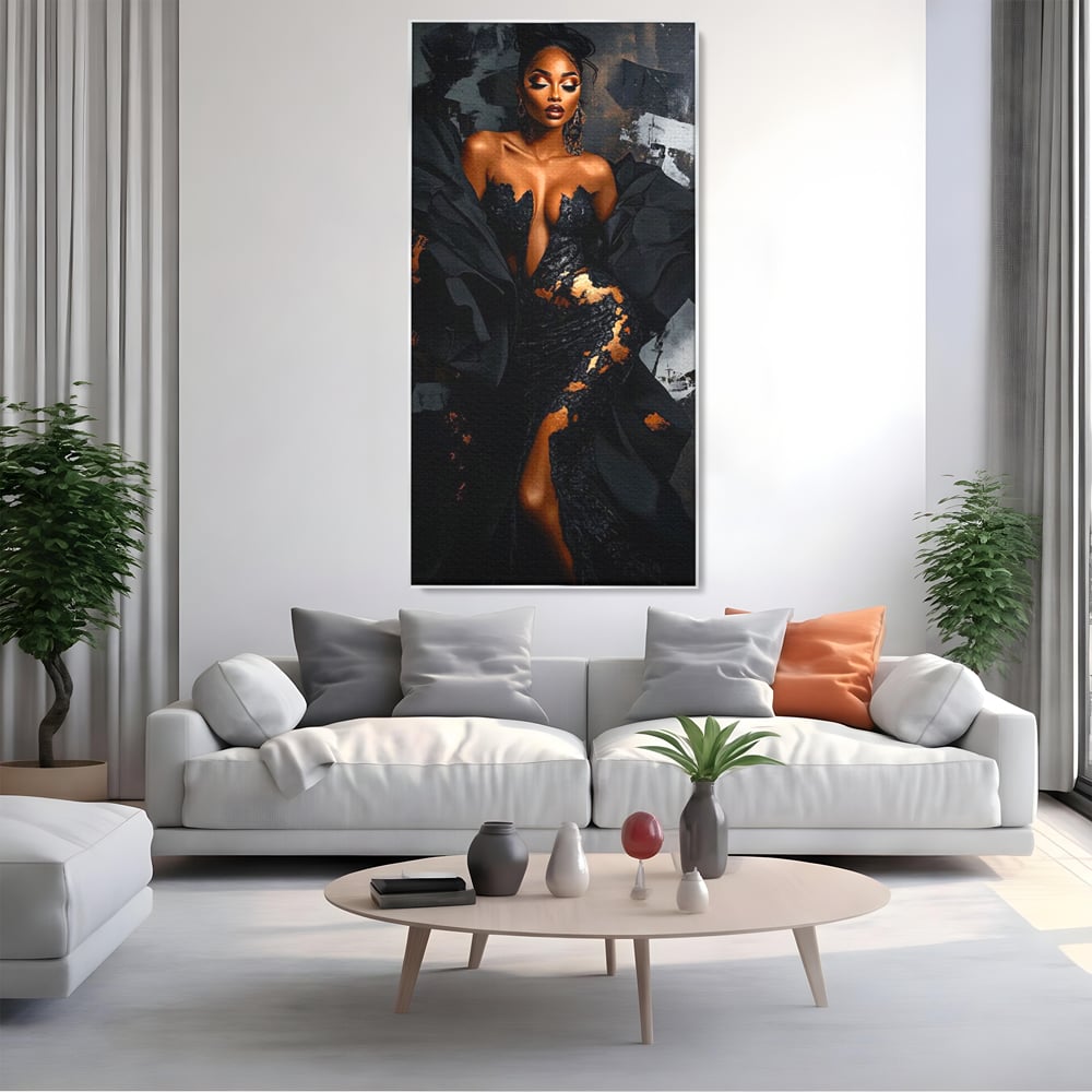 Tablou Canvas Premium, LuxCanva® G1196, Regina Couture, Eleganta, Flacara, Negru, Rochie, Noapte, Dans, Catifea, Incandescenta, Mitologie, Abis, Gratie, Vogue, Birou, Living, Dormitor
