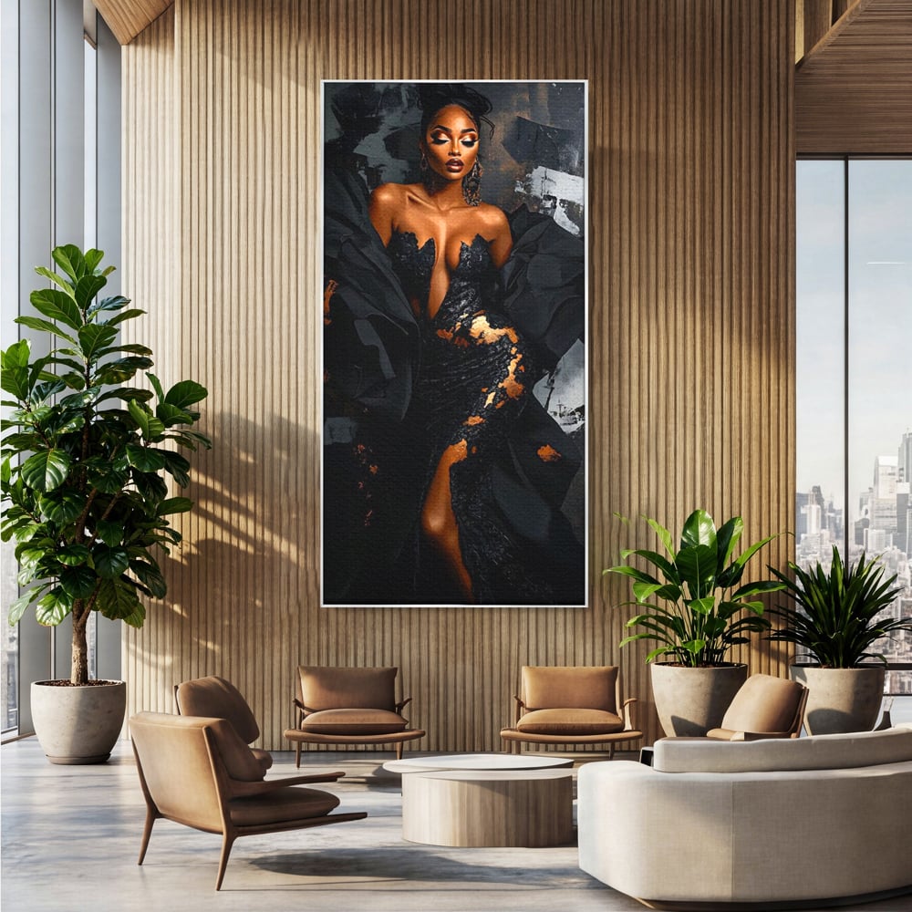 Tablou Canvas Premium, LuxCanva® G1196, Regina Couture, Eleganta, Flacara, Negru, Rochie, Noapte, Dans, Catifea, Incandescenta, Mitologie, Abis, Gratie, Vogue, Birou, Living, Dormitor