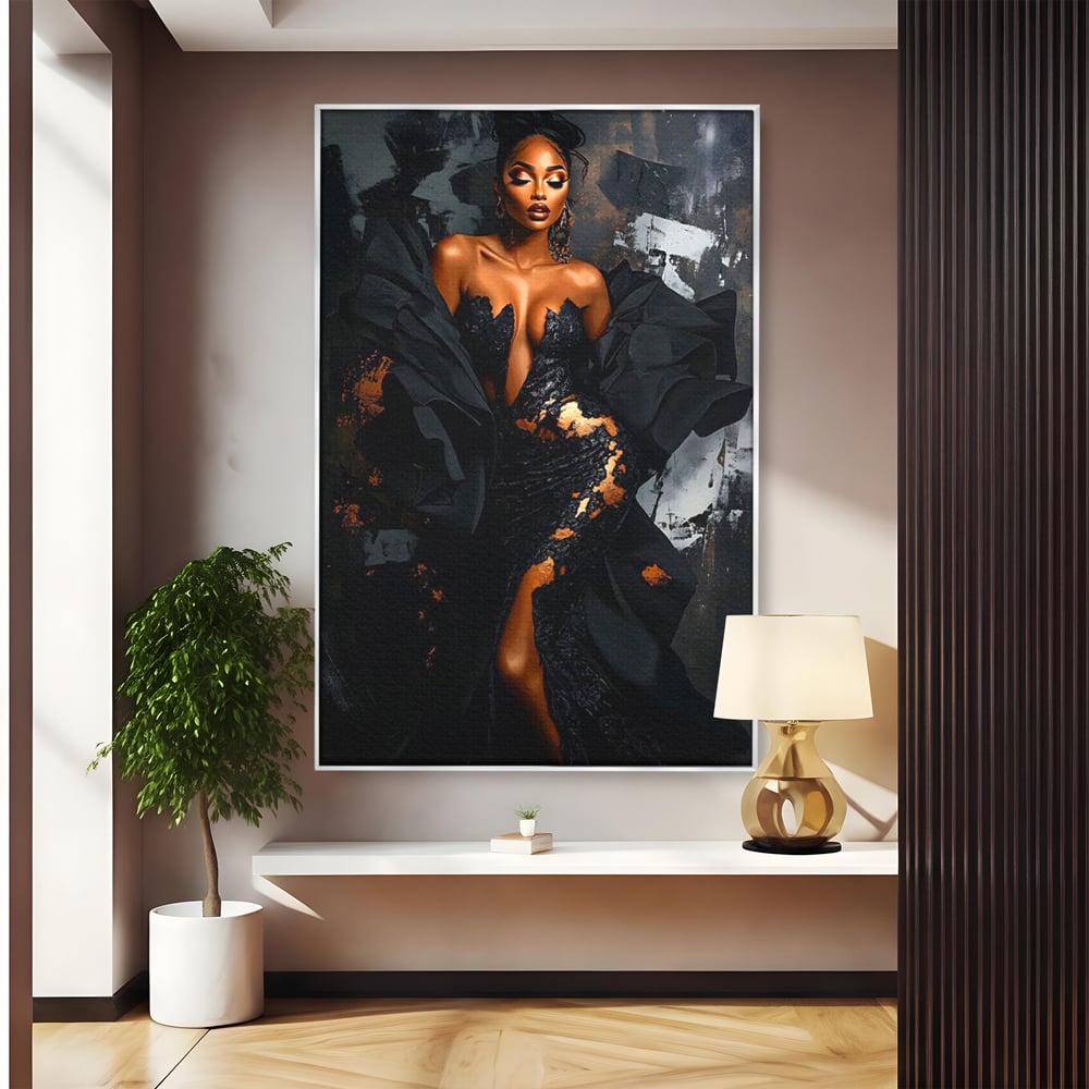 Tablou Canvas Premium, LuxCanva® G1196, Regina Couture, Eleganta, Flacara, Negru, Rochie, Noapte, Dans, Catifea, Incandescenta, Mitologie, Abis, Gratie, Vogue, Birou, Living, Dormitor