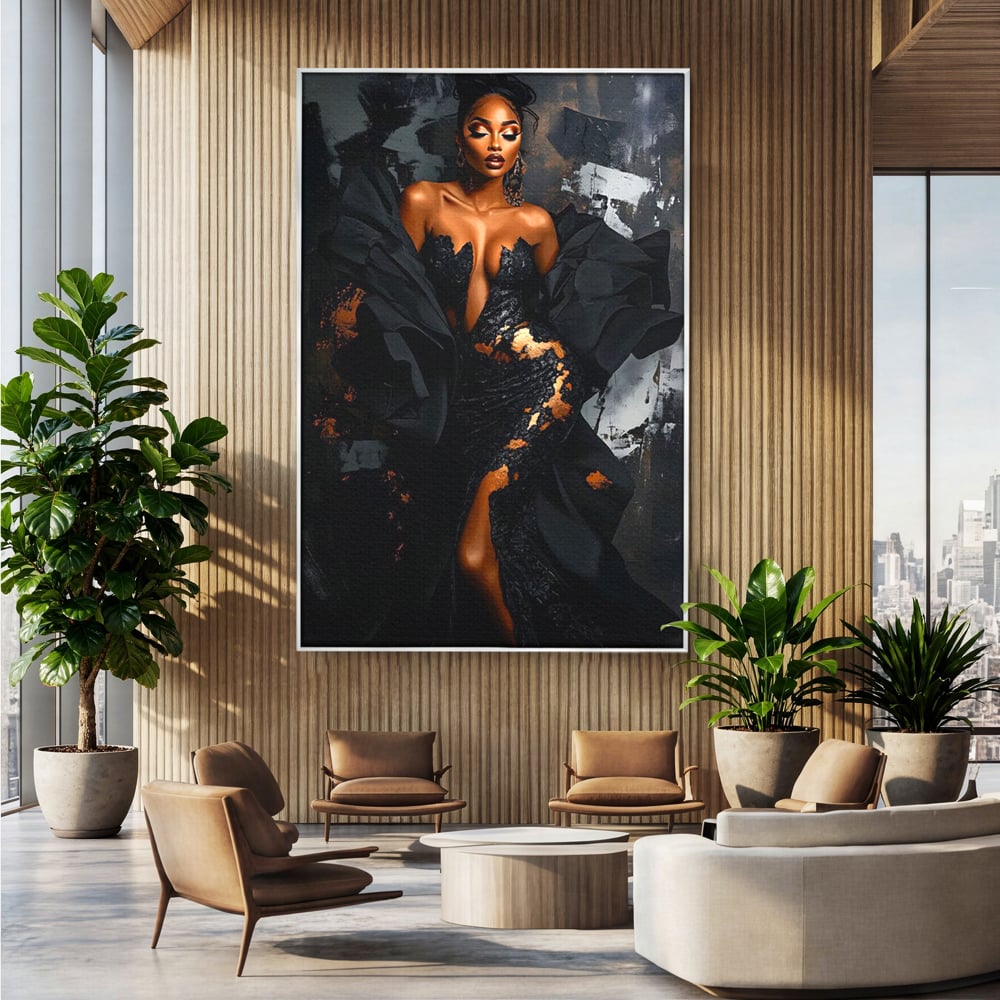 Tablou Canvas Premium, LuxCanva® G1196, Regina Couture, Eleganta, Flacara, Negru, Rochie, Noapte, Dans, Catifea, Incandescenta, Mitologie, Abis, Gratie, Vogue, Birou, Living, Dormitor