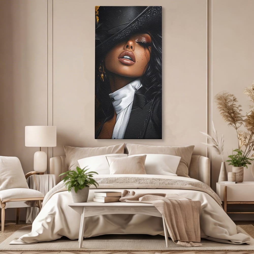 Leinwand Wandbild Canvas Premium, LuxCanva® G1198, Verführung in Faux, Lady, Noir, Joben, Smoking, Samt, Jazz, sinnlich, anspruchsvoll, Theater, Kino, Raffinesse, Dorina, Leidenschaft, Büro, Wohnen, Schlafzimmer