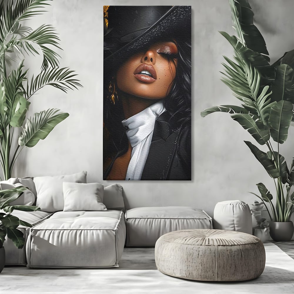 Leinwand Wandbild Canvas Premium, LuxCanva® G1198, Verführung in Faux, Lady, Noir, Joben, Smoking, Samt, Jazz, sinnlich, anspruchsvoll, Theater, Kino, Raffinesse, Dorina, Leidenschaft, Büro, Wohnen, Schlafzimmer