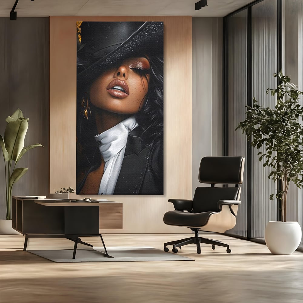 Leinwand Wandbild Canvas Premium, LuxCanva® G1198, Verführung in Faux, Lady, Noir, Joben, Smoking, Samt, Jazz, sinnlich, anspruchsvoll, Theater, Kino, Raffinesse, Dorina, Leidenschaft, Büro, Wohnen, Schlafzimmer