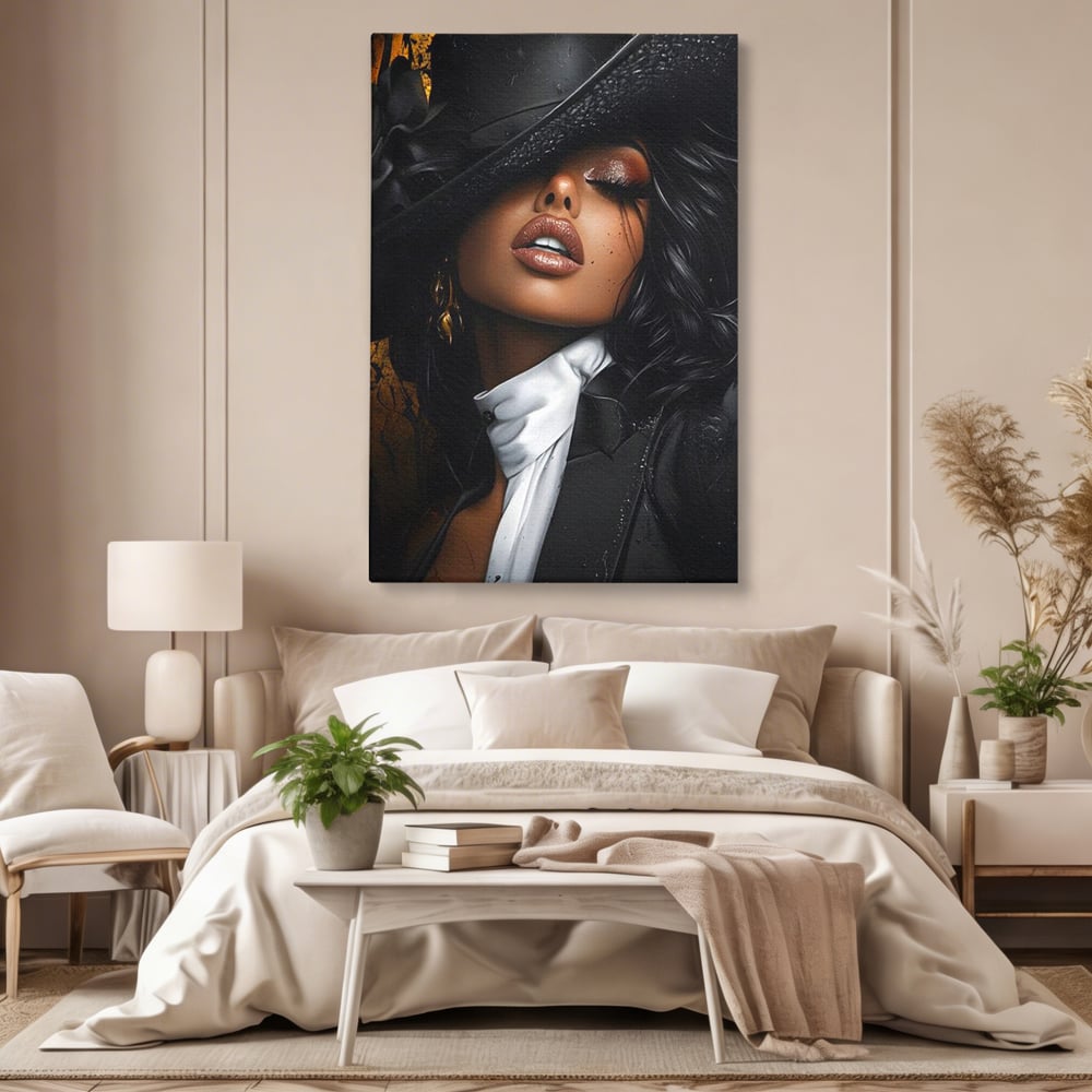 Leinwand Wandbild Canvas Premium, LuxCanva® G1198, Verführung in Faux, Lady, Noir, Joben, Smoking, Samt, Jazz, sinnlich, anspruchsvoll, Theater, Kino, Raffinesse, Dorina, Leidenschaft, Büro, Wohnen, Schlafzimmer