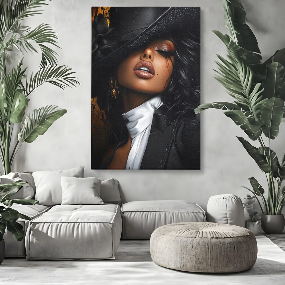 Leinwand Wandbild Canvas Premium, LuxCanva® G1198, Verführung in Faux, Lady, Noir, Joben, Smoking, Samt, Jazz, sinnlich, anspruchsvoll, Theater, Kino, Raffinesse, Dorina, Leidenschaft, Büro, Wohnen, Schlafzimmer