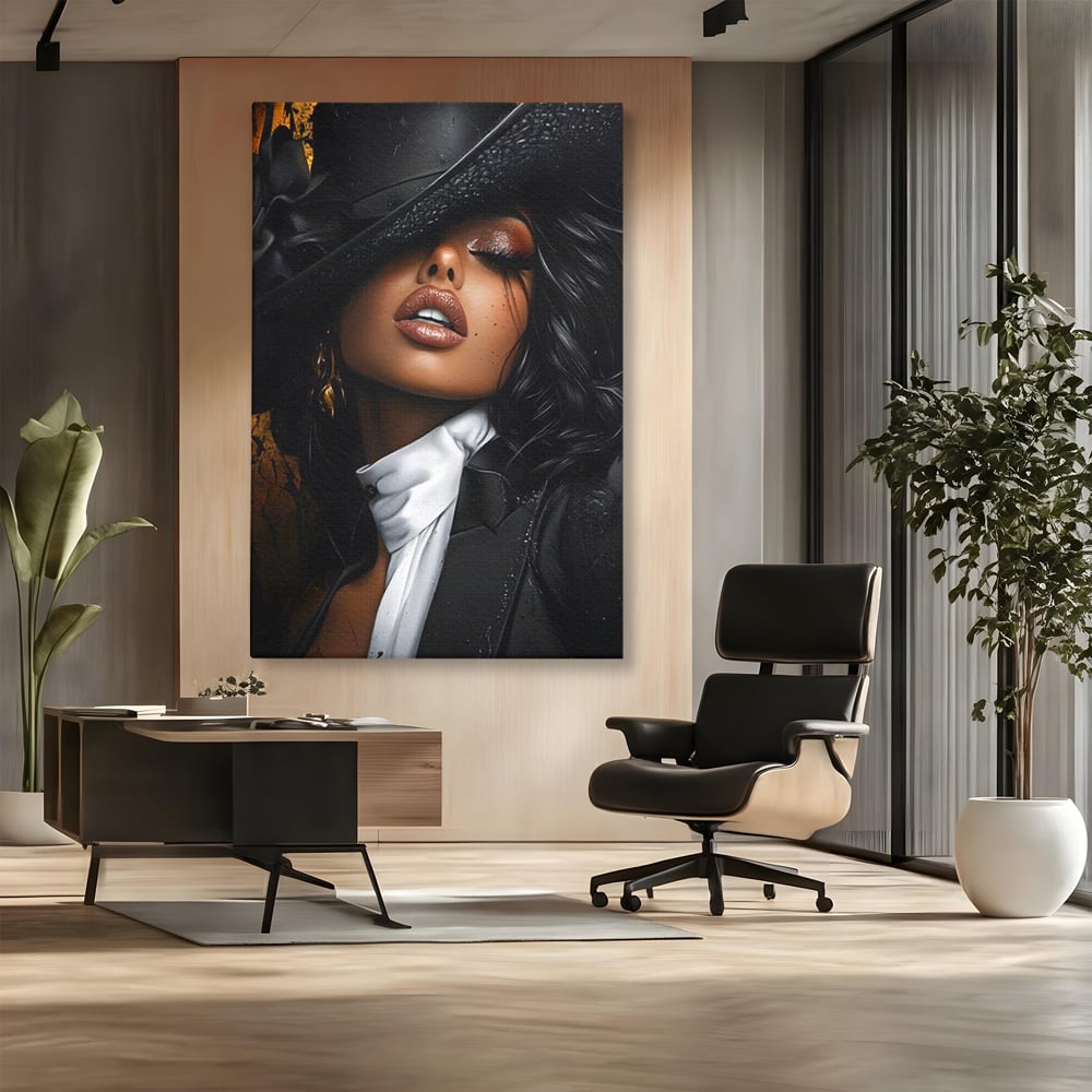 Leinwand Wandbild Canvas Premium, LuxCanva® G1198, Verführung in Faux, Lady, Noir, Joben, Smoking, Samt, Jazz, sinnlich, anspruchsvoll, Theater, Kino, Raffinesse, Dorina, Leidenschaft, Büro, Wohnen, Schlafzimmer