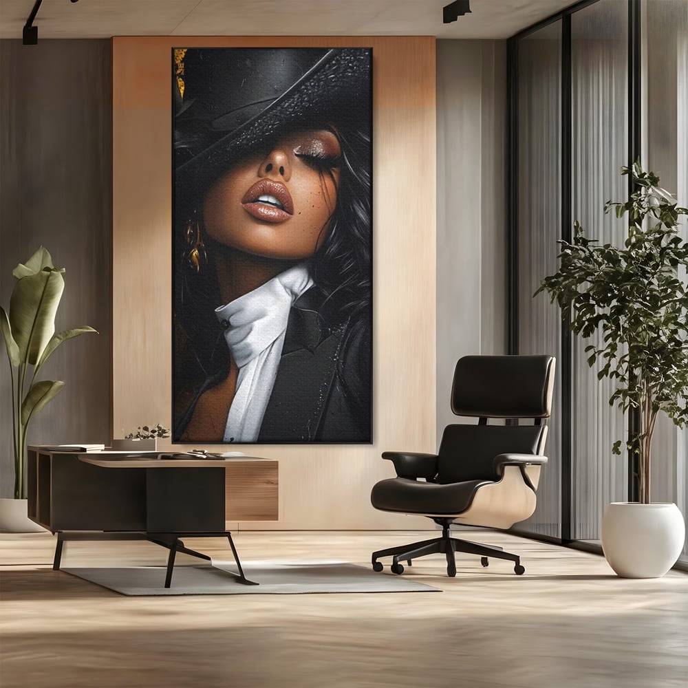 Leinwand Wandbild Canvas Premium, LuxCanva® G1198, Verführung in Faux, Lady, Noir, Joben, Smoking, Samt, Jazz, sinnlich, anspruchsvoll, Theater, Kino, Raffinesse, Dorina, Leidenschaft, Büro, Wohnen, Schlafzimmer