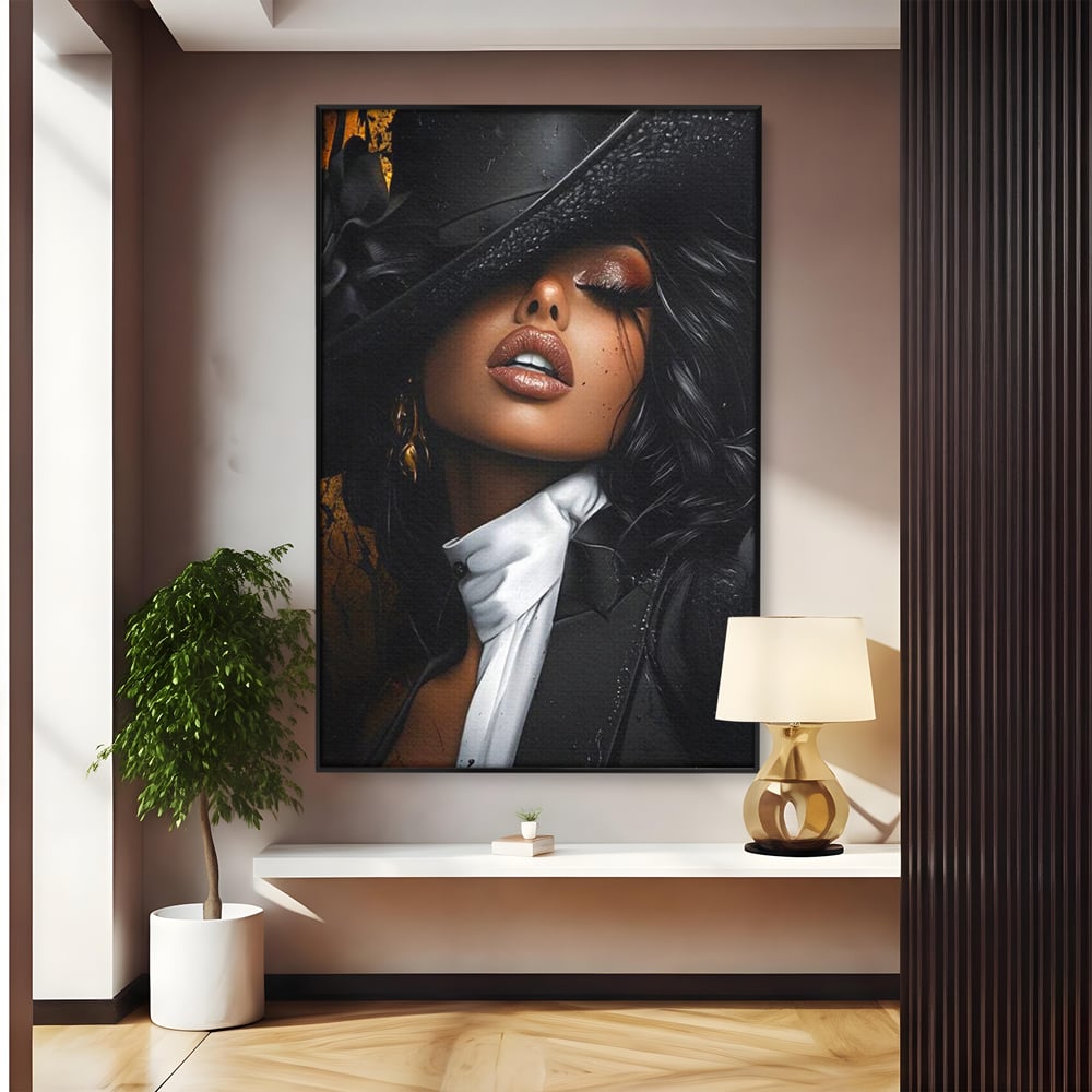 Leinwand Wandbild Canvas Premium, LuxCanva® G1198, Verführung in Faux, Lady, Noir, Joben, Smoking, Samt, Jazz, sinnlich, anspruchsvoll, Theater, Kino, Raffinesse, Dorina, Leidenschaft, Büro, Wohnen, Schlafzimmer