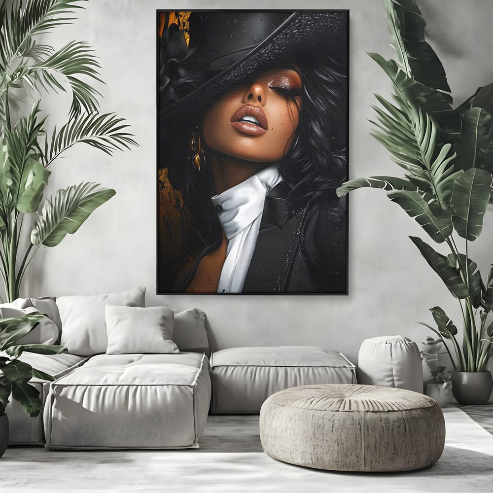 Leinwand Wandbild Canvas Premium, LuxCanva® G1198, Verführung in Faux, Lady, Noir, Joben, Smoking, Samt, Jazz, sinnlich, anspruchsvoll, Theater, Kino, Raffinesse, Dorina, Leidenschaft, Büro, Wohnen, Schlafzimmer