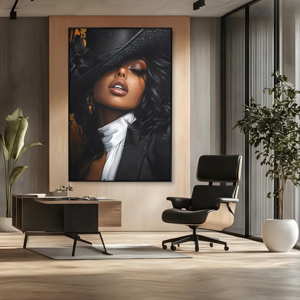 Leinwand Wandbild Canvas Premium, LuxCanva® G1198, Verführung in Faux, Lady, Noir, Joben, Smoking, Samt, Jazz, sinnlich, anspruchsvoll, Theater, Kino, Raffinesse, Dorina, Leidenschaft, Büro, Wohnen, Schlafzimmer