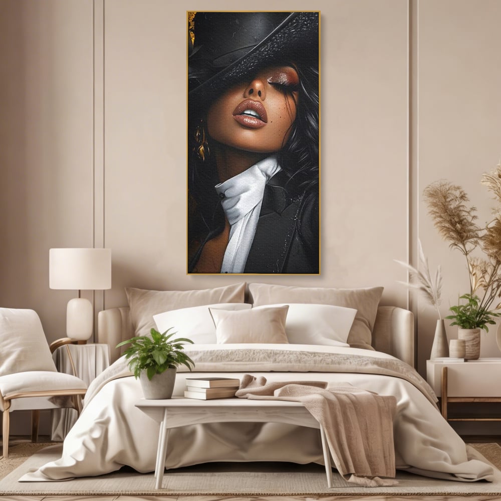 Leinwand Wandbild Canvas Premium, LuxCanva® G1198, Verführung in Faux, Lady, Noir, Joben, Smoking, Samt, Jazz, sinnlich, anspruchsvoll, Theater, Kino, Raffinesse, Dorina, Leidenschaft, Büro, Wohnen, Schlafzimmer