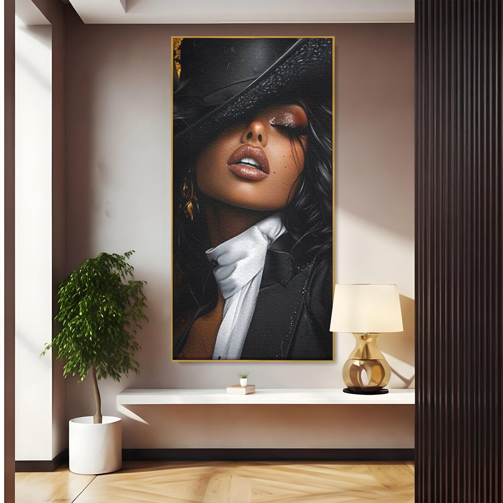 Leinwand Wandbild Canvas Premium, LuxCanva® G1198, Verführung in Faux, Lady, Noir, Joben, Smoking, Samt, Jazz, sinnlich, anspruchsvoll, Theater, Kino, Raffinesse, Dorina, Leidenschaft, Büro, Wohnen, Schlafzimmer