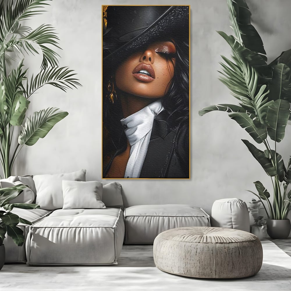 Leinwand Wandbild Canvas Premium, LuxCanva® G1198, Verführung in Faux, Lady, Noir, Joben, Smoking, Samt, Jazz, sinnlich, anspruchsvoll, Theater, Kino, Raffinesse, Dorina, Leidenschaft, Büro, Wohnen, Schlafzimmer
