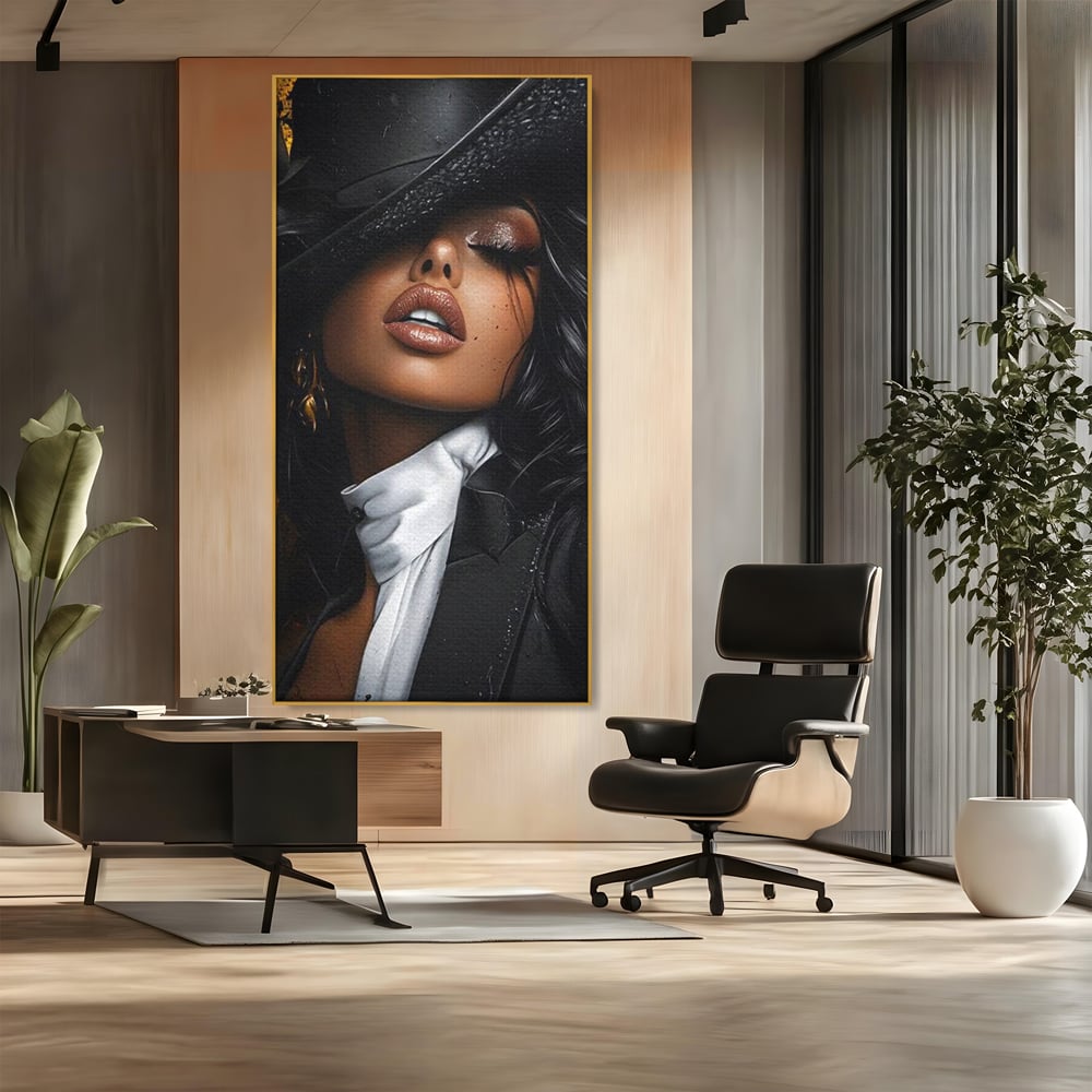 Leinwand Wandbild Canvas Premium, LuxCanva® G1198, Verführung in Faux, Lady, Noir, Joben, Smoking, Samt, Jazz, sinnlich, anspruchsvoll, Theater, Kino, Raffinesse, Dorina, Leidenschaft, Büro, Wohnen, Schlafzimmer